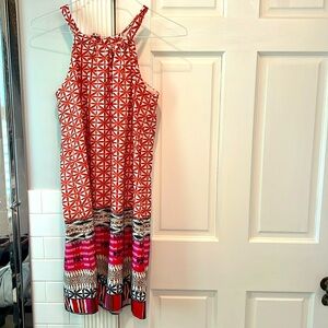 Jade size M sleeveless dress with orange, white, pink and navy design.